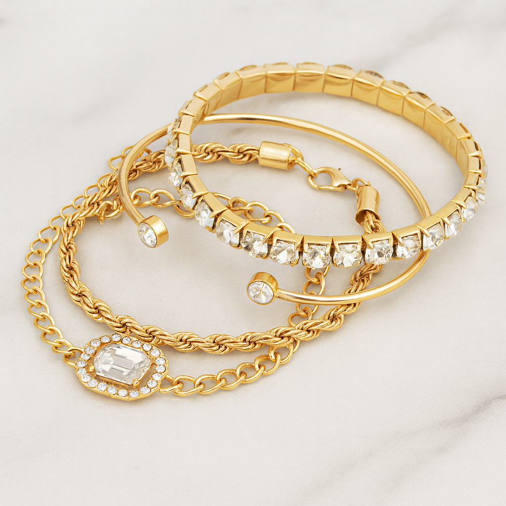 4-Delige Crystal Armband Set – Luxe Bohemian Vintage Jewelry