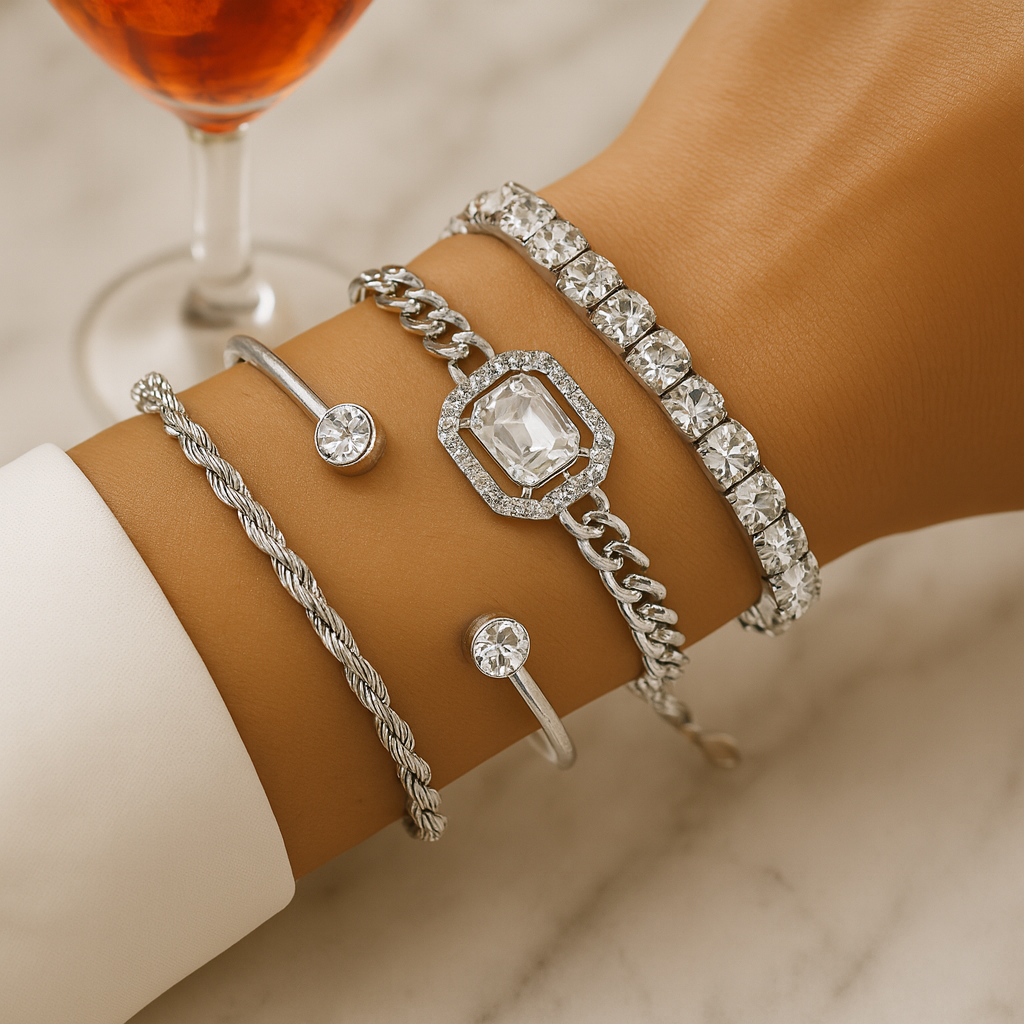 4-Delige Crystal Armband Set – Luxe Bohemian Vintage Jewelry