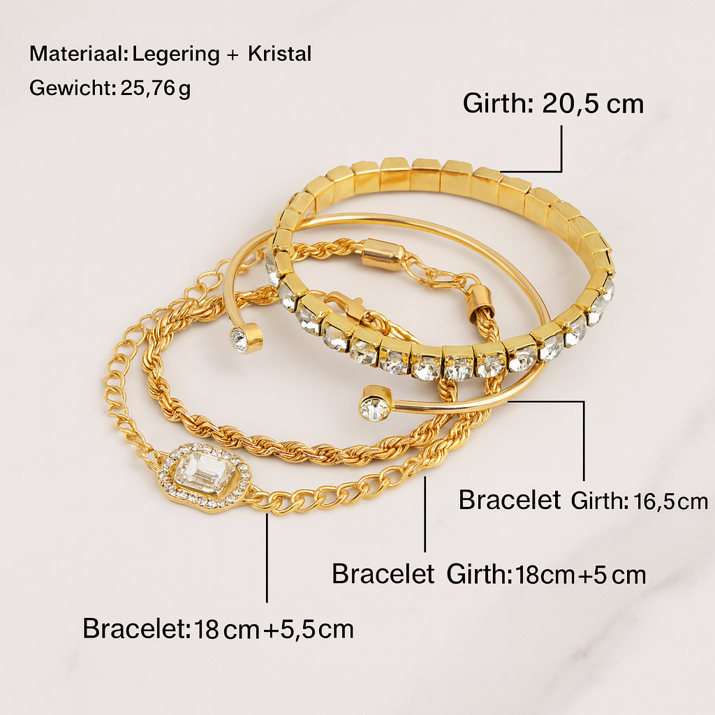 4-Delige Crystal Armband Set – Luxe Bohemian Vintage Jewelry