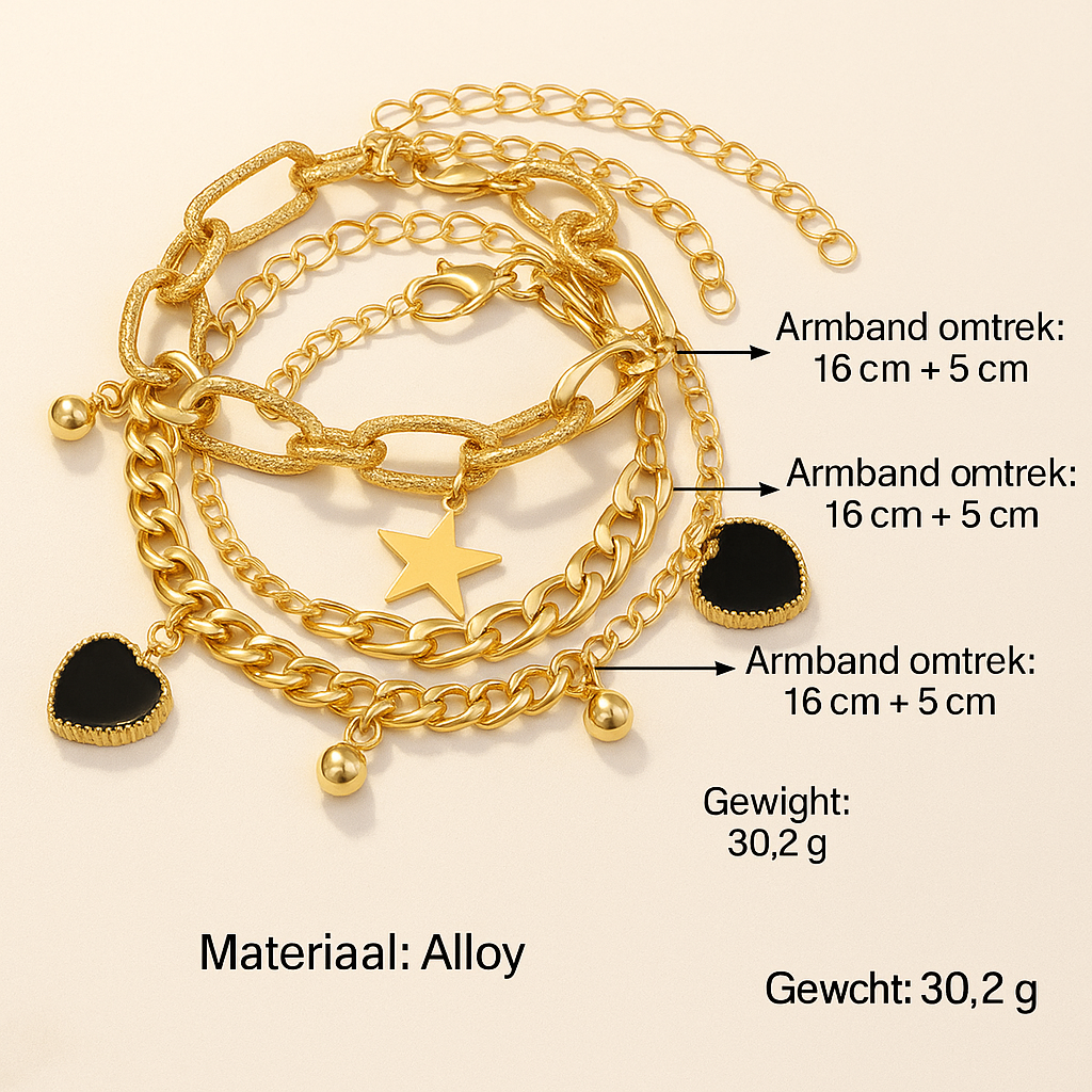 Retro Multi-Layer Armband – Goud, zwart met Perzik Hart