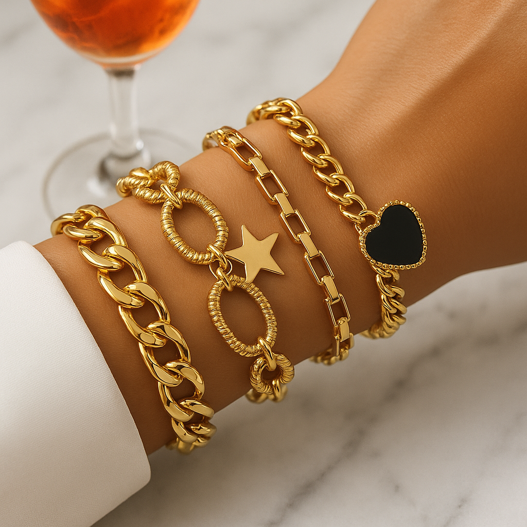 Retro Multi-Layer Armband – Goud, zwart met Perzik Hart