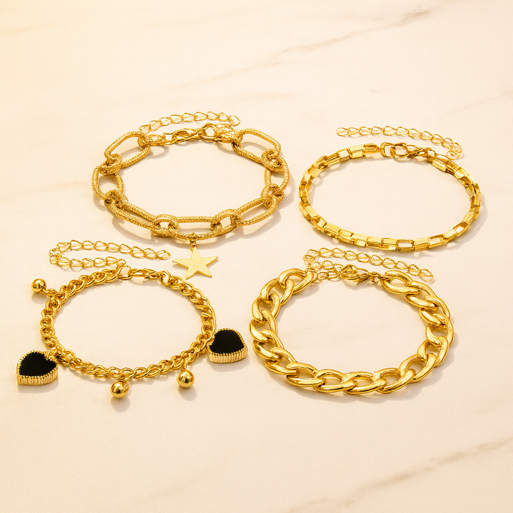 Retro Multi-Layer Armband – Goud, zwart met Perzik Hart