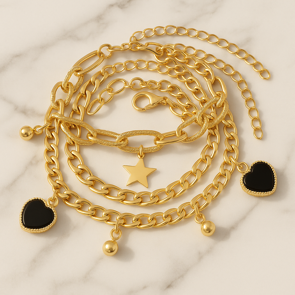 Retro Multi-Layer Armband – Goud, zwart met Perzik Hart